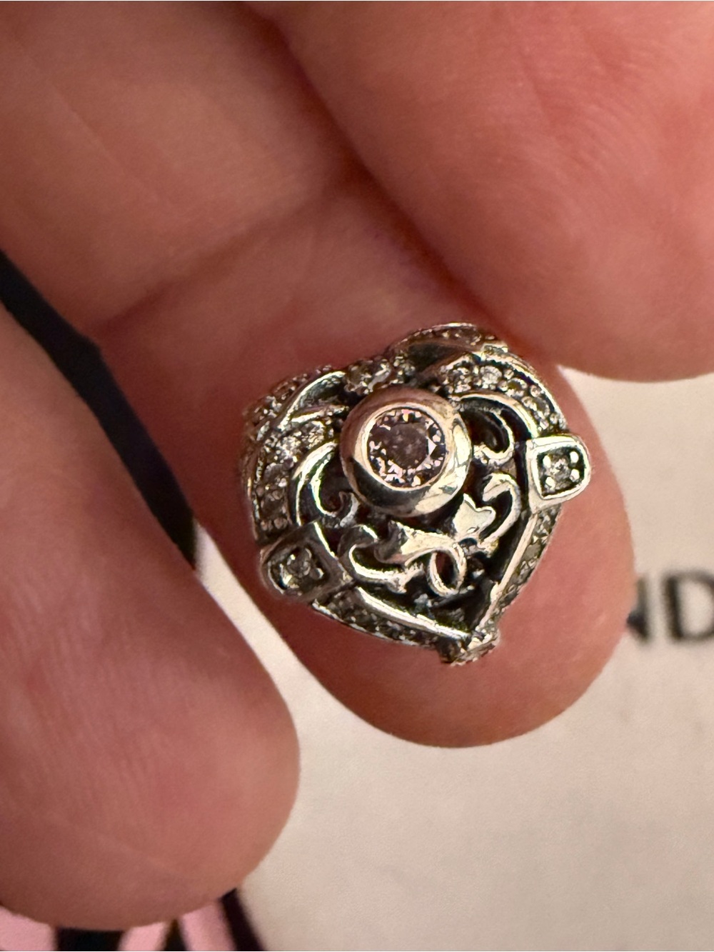 Pandora Silver Heart Filigree Ring with Clear Stone